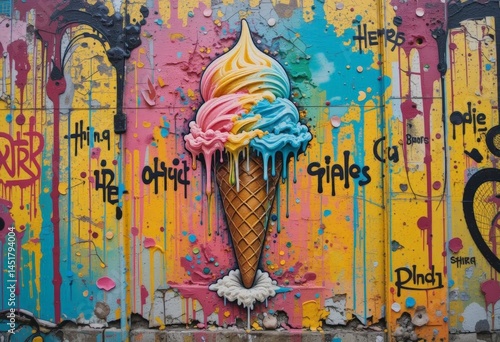 Ice cream cone melting into bright graffiti on wall with dripping paint