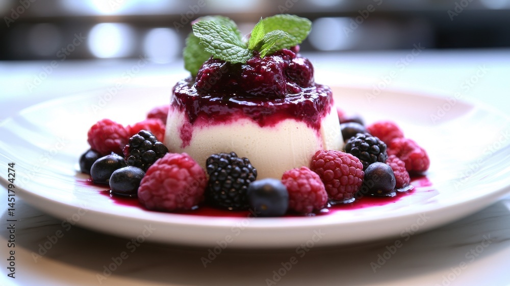 Elegant panna cotta with berry coulis and fresh mint Elegant panna cotta with berry coulis and fresh mint