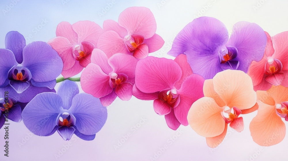 Obraz premium Watercolor bouquet of purple and pink orchid flowers in bloom, detailed petals and soft brushstrokes, artistic composition