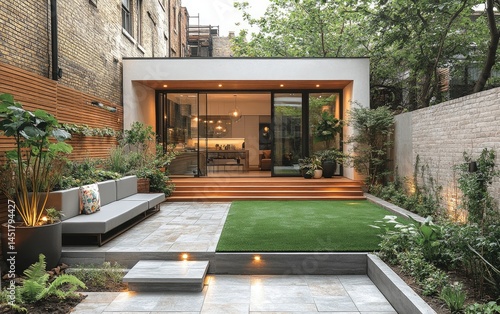 Modern garden extension, London backyard design, patio, lawn