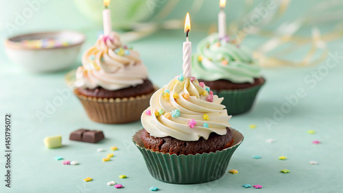 Festive Cupcake Trio with Lit Candles, Colorful Frosting, and Sprinkles on a Light Green Surface in a Joyful Celebration Scene