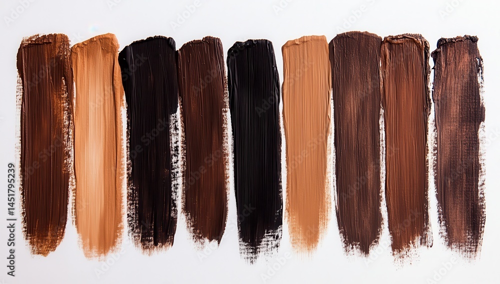 Fototapeta premium Variety of Brown Paint Swatches on White Background Featuring Different Shades Textures and Brush Strokes in Horizontal Orientation Ideal For Art Cosmetic and Design Projects