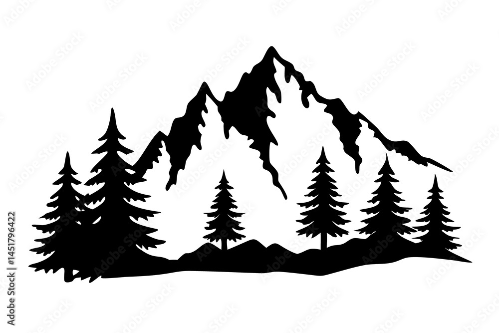 Fototapeta premium Mountain Landscape Silhouette with Pine Trees, Scenic Nature View, Wilderness Panorama, Outdoor Forest Art, On Transparent Background