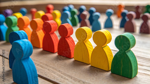 Colorful Wooden Figurines in a Sunlit Arrangement on a Wooden Surface, Featuring Vibrant Red, Blue, Yellow, Green, and Orange Painted Figures for a Warm and Playful Scene