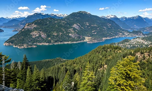 Panoramic mountain vista overlooking a serene lake and forest