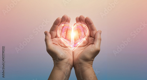 Hands holding glowing heart symbol with romantic atmosphere and copy space for text