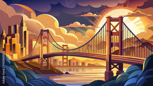 Golden Gate Bridge panorama, San Francisco California, sunset light on cloudy sky