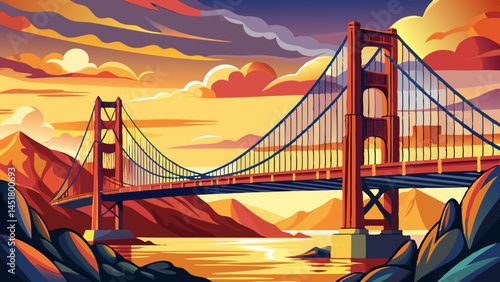 Golden Gate Bridge panorama, San Francisco California, sunset light on cloudy sky