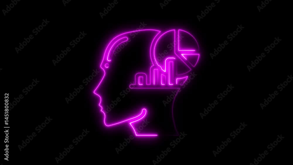 Neon outline of human head visualizing business data and analytics on black backdrop Neon outline of human head visualizing business data and analytics on black backdrop