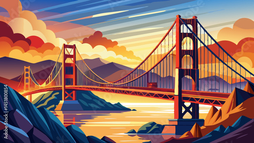Golden Gate Bridge panorama, San Francisco California, sunset light on cloudy sky