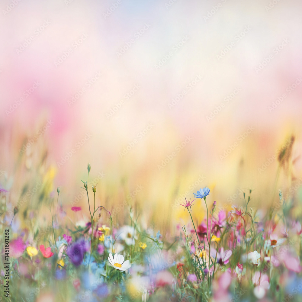 Blurred Meadow with Wildflowers in Spring - Soft Pastel Nature Background Blurred Meadow with Wildflowers in Spring - Soft Pastel Nature Background