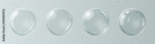 Collection of transparent realistic glass balls with different glares and reflections isolated on a light background. Vector 3d illustration.