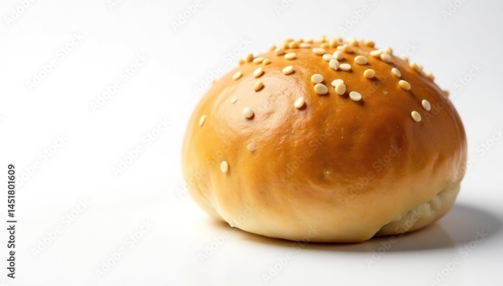 Sesame topped bun, slightly shiny, on stark white , food photography, culinary, closeup Sesame topped bun, slightly shiny, on stark white , food photography, culinary, closeup