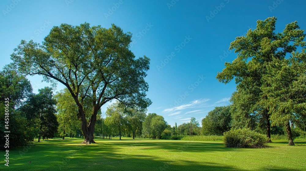 Fototapeta premium Lush Green Public Park with Trimmed Grass Under Clear Blue Sky