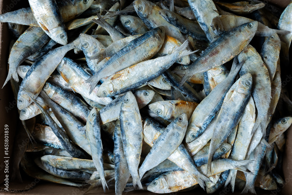 A close-up overhead view of a pile of ikan asin (salted dried sardines) in a cardboard box. A traditional preserved seafood. A close-up overhead view of a pile of ikan asin (salted dried sardines) in a cardboard box. A traditional preserved seafood.