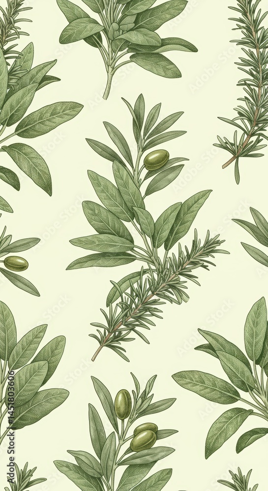 Fototapeta premium Highly detailed seamless pattern featuring intricate Sage-green botanical motifs. Includes realistic depictions of sage leaves, rosemary sprigs, and olive branches intertwined gracefully