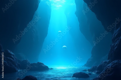 Sunlight illuminates the blue underwater view of a tropical reef near a cave and island in the deep sea