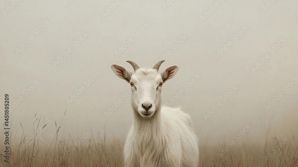 Obraz premium Photograph of a white goat standing in a field of tall grass. the goat is facing the camera and its head is turned slightly to the side.