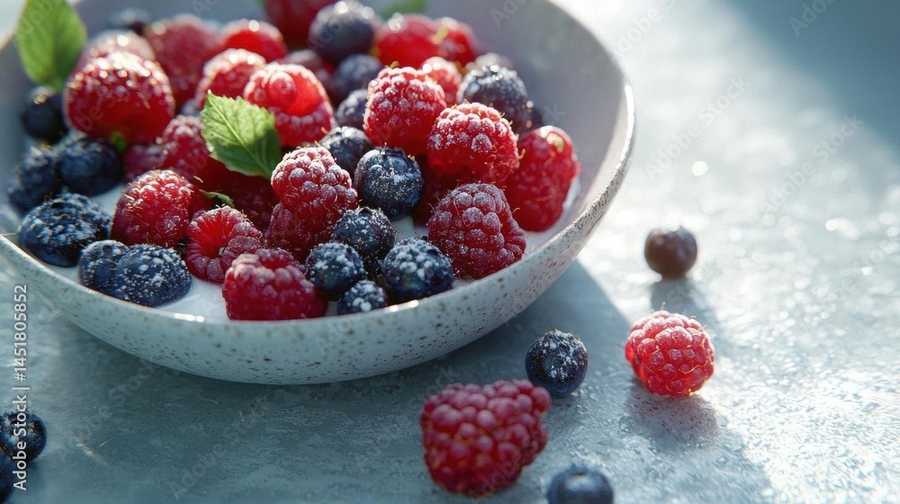 Close-up of a bowl of fresh berries. the bowl is white with a speckled pattern and is placed on a gray textured surface. Close-up of a bowl of fresh berries. the bowl is white with a speckled pattern and is placed on a gray textured surface.