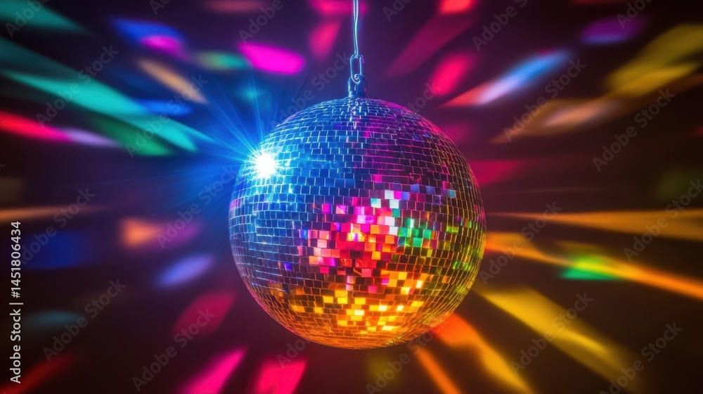 Obraz premium A vibrant scene of a light-up disco ball hanging in a beautifully lit dark night party.