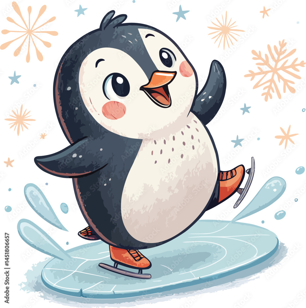 Fototapeta premium Delightful Penguin Ice Skating Cartoon Illustration Winter Fun and Holiday Cheer