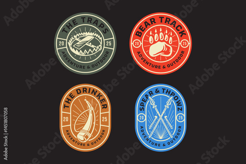 cruel animal trap, cogged trap, bear footprint, grizzly track, leather canteen, spear, thrower retro badge logo vector design collection set for adventure, outdoor, explorer, survival and hunting