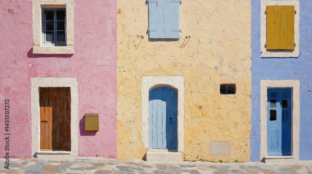Fototapeta premium Painting of three colorful houses on a cobblestone street. the houses are painted in pastel colors - pink, yellow, and blue.