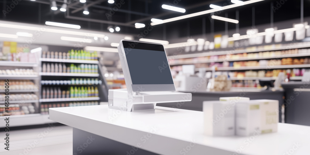 Fototapeta premium Modern touchscreen POS terminal in a supermarket checkout area