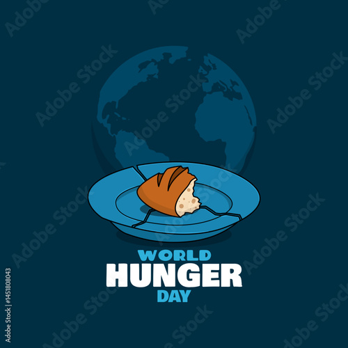 World Hunger Day to celebrate on May 28th. Illustration of a cracked plate containing pieces of leftover bread with the earth on a dark turquoise background.