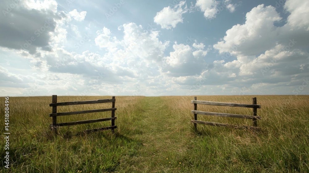 Fototapeta premium Vast field of tall grass with two wooden fences on either side. the sky is filled with white, fluffy clouds that are scattered across the blue sky.