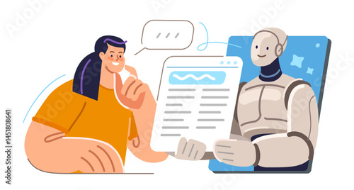 Woman receives information using artificial intelligence. Virtual robot assistant online. Digital technologies