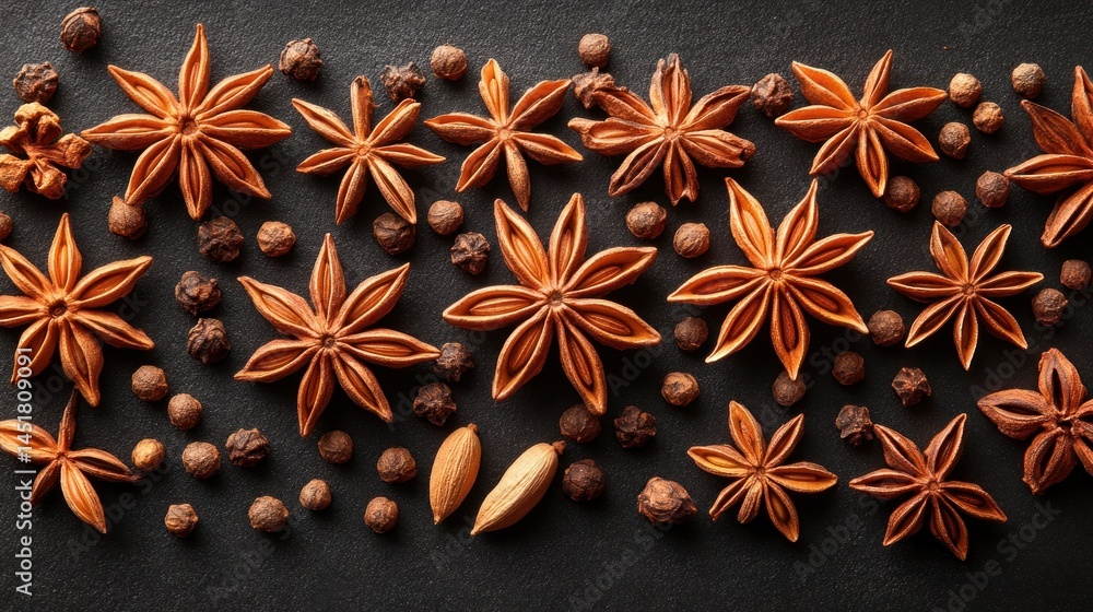 Fototapeta premium Aromatic spices arranged on dark background