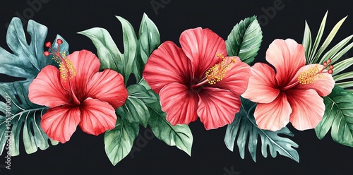 Fototapeta Naklejka Na Ścianę i Meble -  Hibiscus flowers tropical leaves watercolor