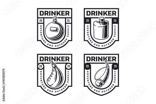water bottle outdoor with cowboy canteen, hip flask, leather pocket, cone pot illustration badge emblem patch logo design collection set for hunter, outdoor, explore, wildlife and adventure.