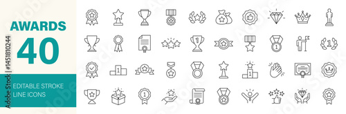 Awards icon set. Containing trophy, winner, medal, winner prize, success, best, reward, champion, star, certificate, badge and more. Editable line icons. Vector illustration.