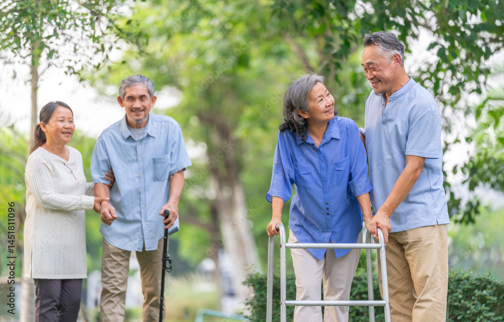 group of elderly with walking aids exercise in the garden,happy senior people walking in nature,aging society and health care concept group of elderly with walking aids exercise in the garden,happy senior people walking in nature,aging society and health care concept