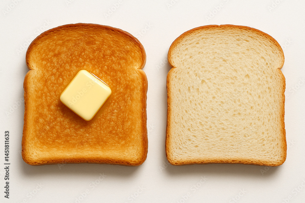 Two Slices of Bread with Butter on White Background Two Slices of Bread with Butter on White Background