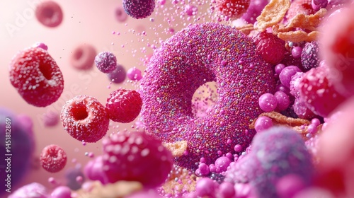 Colorful explosion of sprinkles, berries, and cereal surrounding a vibrant pink donut
