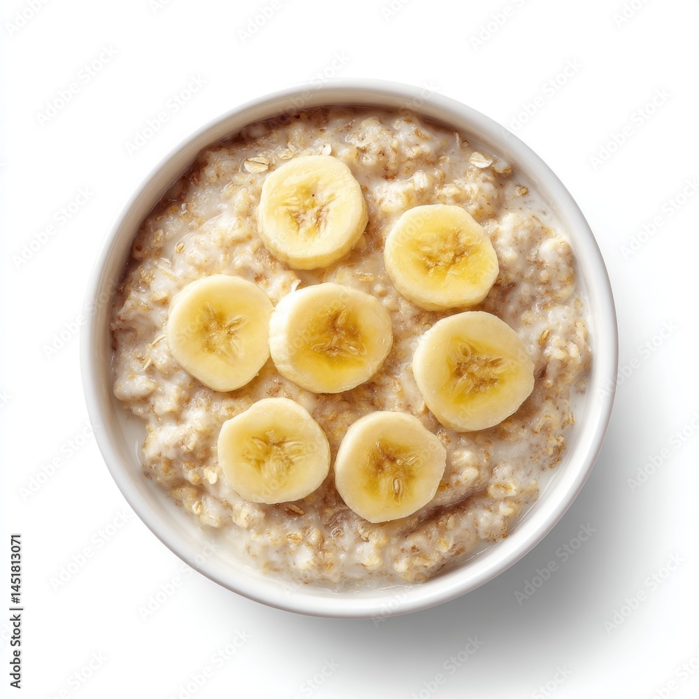 Oatmeal with banana slices in bowl Oatmeal with banana slices in bowl