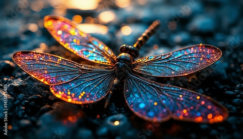 Dragonfly wings display intricate bronze patterns, amber tones, and shimmering iridescent colors on dark background.