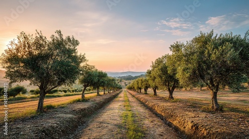 Serene Olive Tree Plantation at Sunset in Mediterranean Landscape