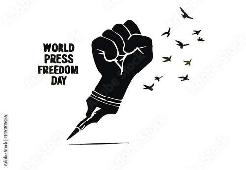 Ink Fist and Freedom: A stark illustration of a clenched fist, transformed into a pen, symbolizing the power of the press and freedom, accompanied by birds taking flight.