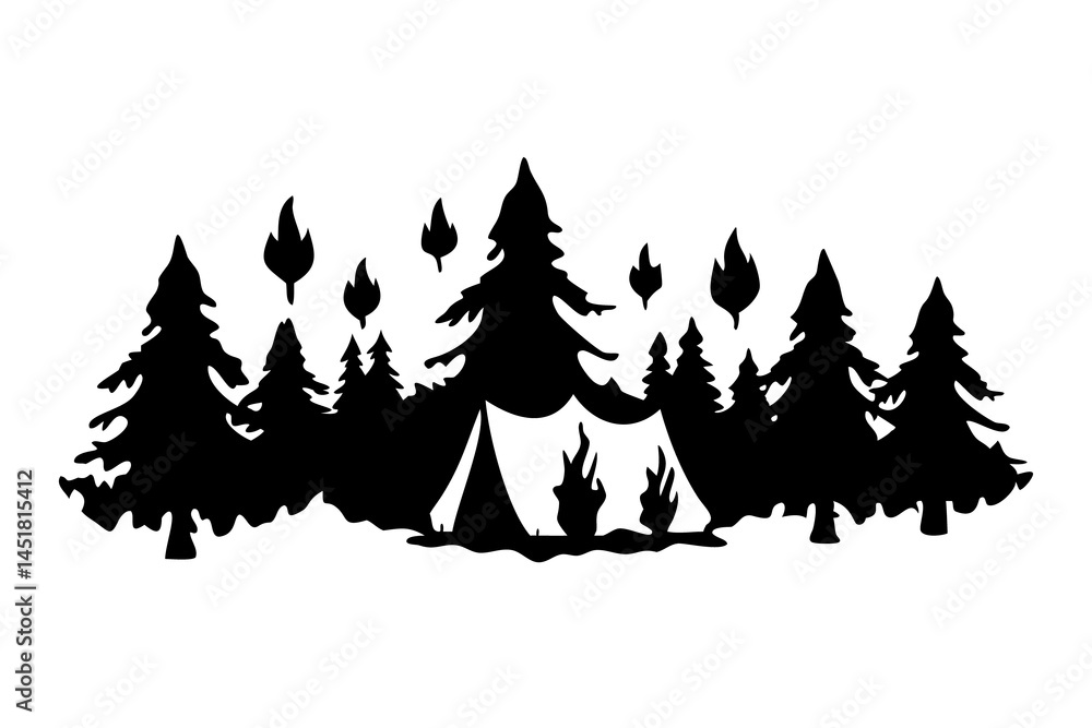 Obraz premium Campfire in Forest Silhouette with Tents, Outdoor Adventure Scene, Night Camping Art, Wilderness Illustration, On Transparent Background