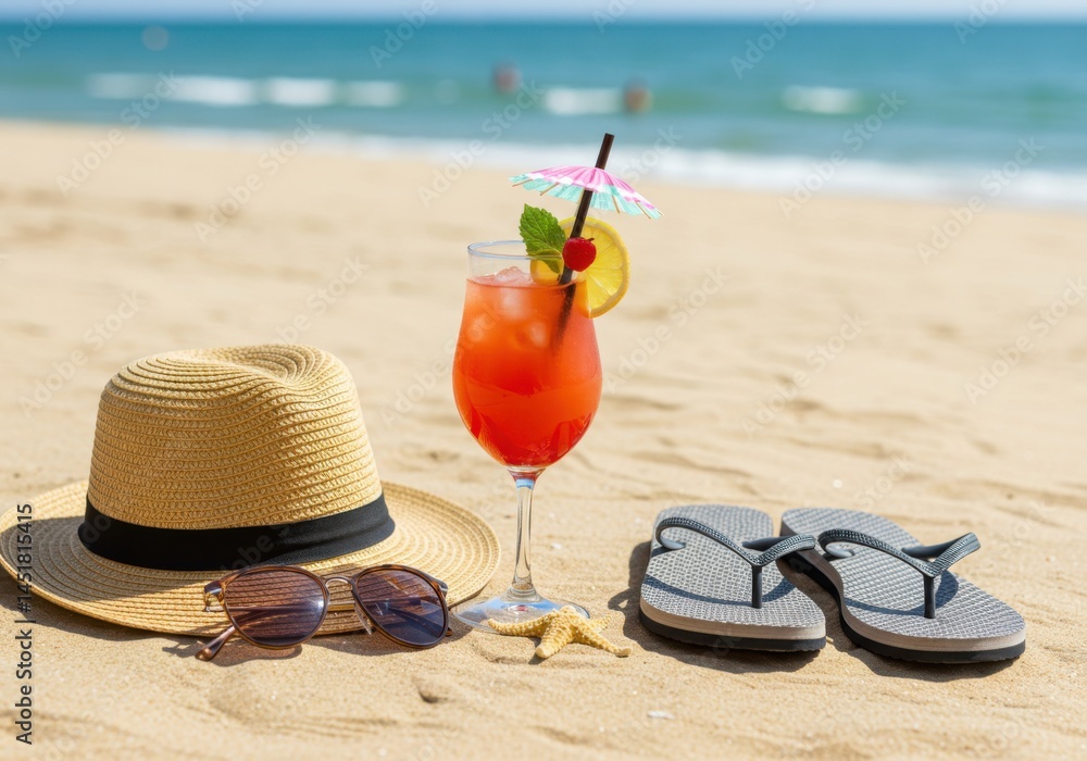 Beach vacation cocktail with hat and sunglasses summer holiday sand Beach vacation cocktail with hat and sunglasses summer holiday sand