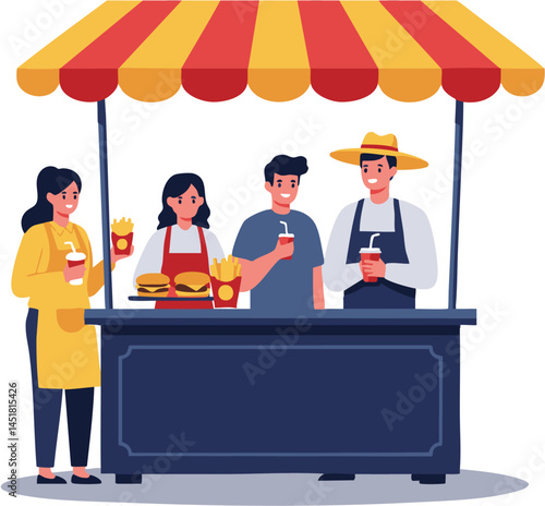 Smiling Vendors Serve Burgers Fries And Drinks From A Cheerful Yellow And Red Striped Food Stall