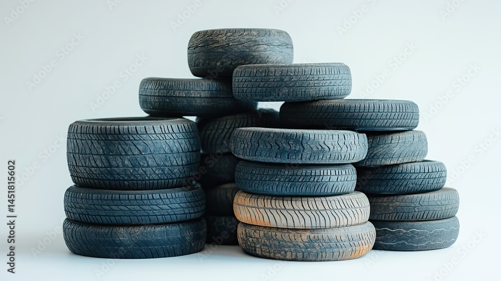 Pile of Tires Stacked on White Background, Representing Automotive Industry, Maintenance, and Industrial Products for Car Enthusiasts. Pile of Tires Stacked on White Background, Representing Automotive Industry, Maintenance, and Industrial Products for Car Enthusiasts.