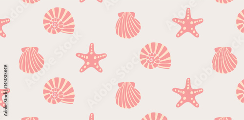 Seamless summer pattern with hand drawn seashells and starfish in pastel colors. Simple marine design with stylized shells and underwater motif. Ideal for print, textile, wrapping, decor.