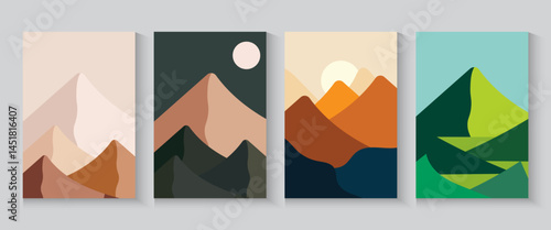 Mountain poster,cards, banner seamless pattern collection. Colorful Abstract wave flayer cover background set with geometric textures and nature environment shapes. minimalist, trendy, modern backdrop