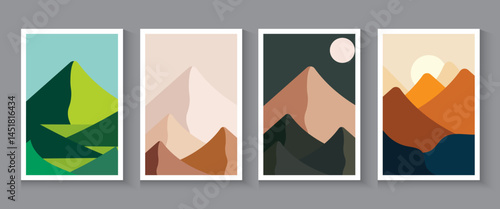 Mountain poster,cards, banner seamless pattern collection. Colorful Abstract wave flayer cover background set with geometric textures and nature environment shapes. minimalist, trendy, modern backdrop
