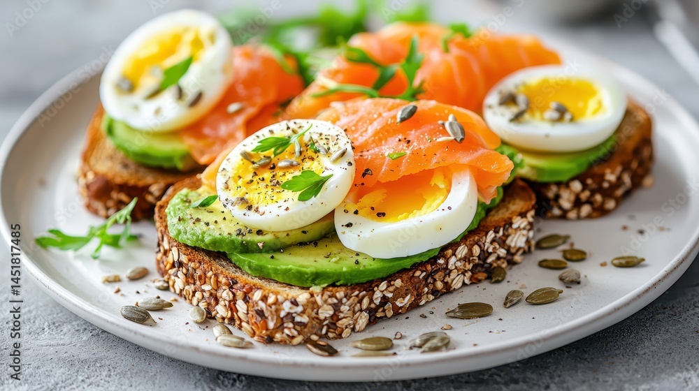 A visually appealing image of healthy open-faced sandwiches on multigrain toast, topped with avocado, salmon, eggs, herbs, and sunflower seeds, presented on a white plate. A visually appealing image of healthy open-faced sandwiches on multigrain toast, topped with avocado, salmon, eggs, herbs, and sunflower seeds, presented on a white plate.